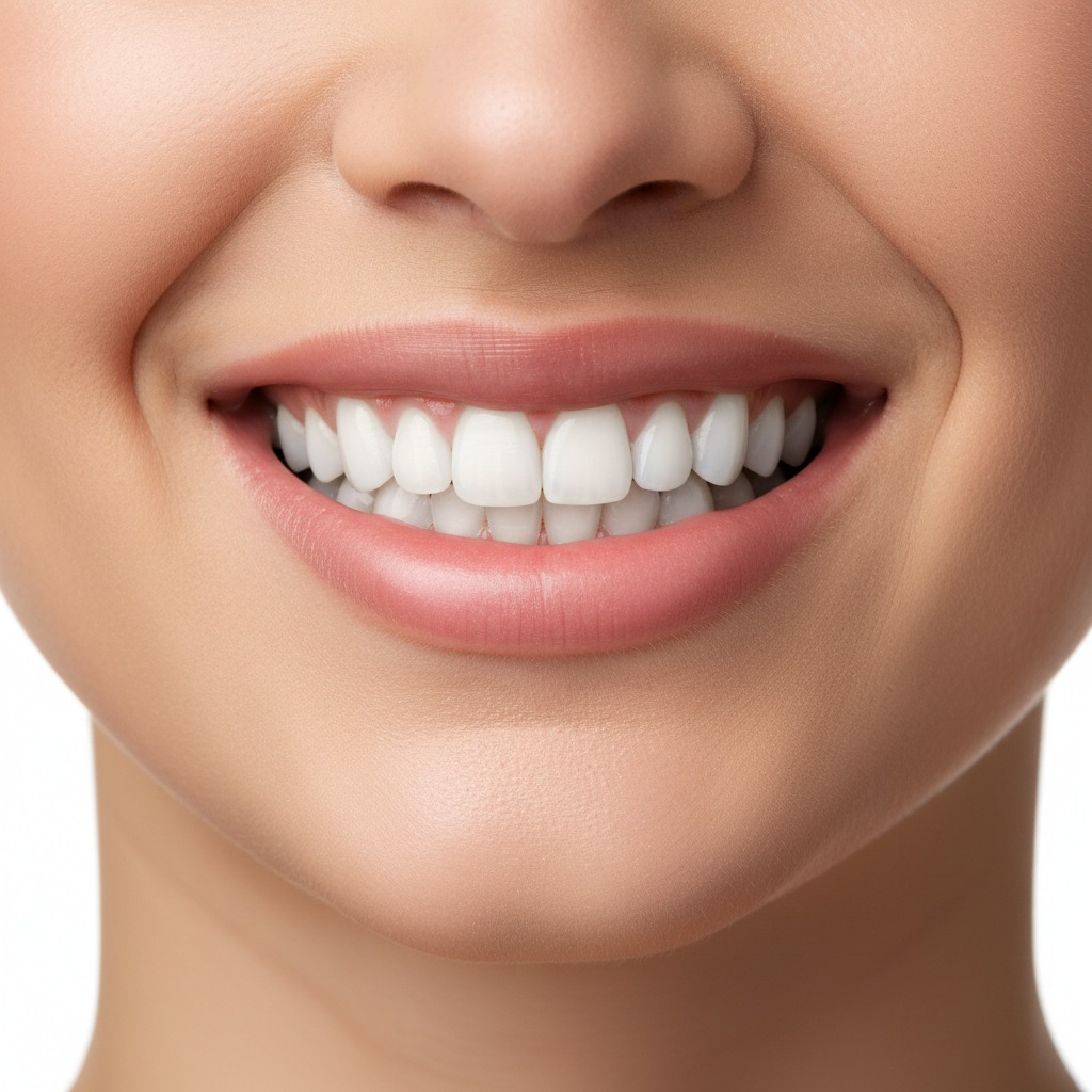 A close-up of a smiling woman showing straight, white teeth.