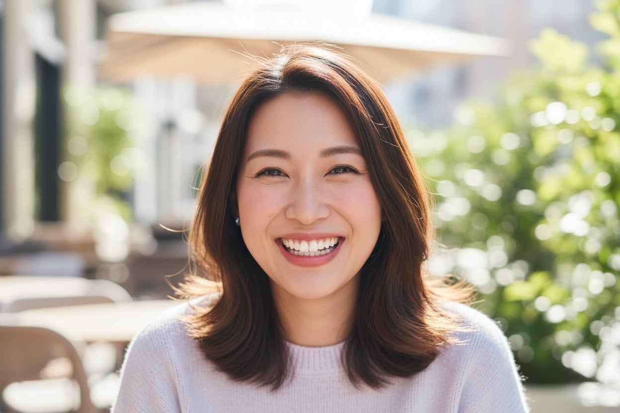 An Asian woman with shoulder-length brown hair smiles warmly while sitting outdoors on a sunny day.